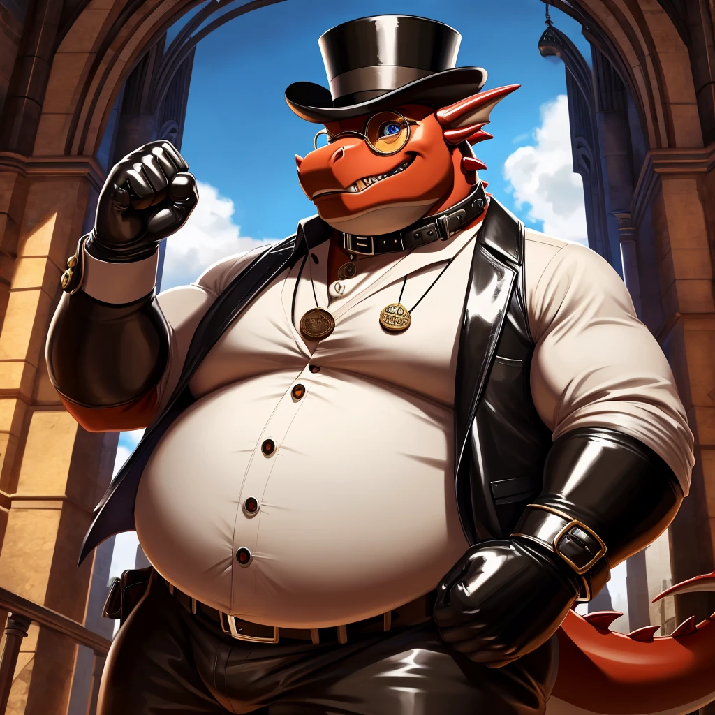 Solo, Male, fat, extremely obese, gentleman, dapper Professor Dragon, blue eyes, (posing:1.3), (soft shading), 4k, hi res, ((detailed face, detailed)), looking at viewer, evil grin, steampunk, collared shirt with buttons, top hat, male focus, Explorer Outfit, glasses, monocle, bag, vest with buttons, backpack, sleeves rolled up, round eyewear, brown headwear, brown vest, Dragon is wearing a glossy leather dog collar around the neck, Dragon is wearing the leather collar and shirt and vest at the same time, Dragon is wearing glossy white rubber gloves on the hands, wearing white rubber gloves on the feet, Dragon is wearing glossy white cuffs around the wrists with cufflinks, gloves are rubber in texture, clenching teeth, clenching fists, leather collar is glossy and shiny with a lot of detail, Dragon is wearing gloves and cuffs and cufflinks at the same time, leather collar has a round dog-tag, leather collar is thick and detailed.