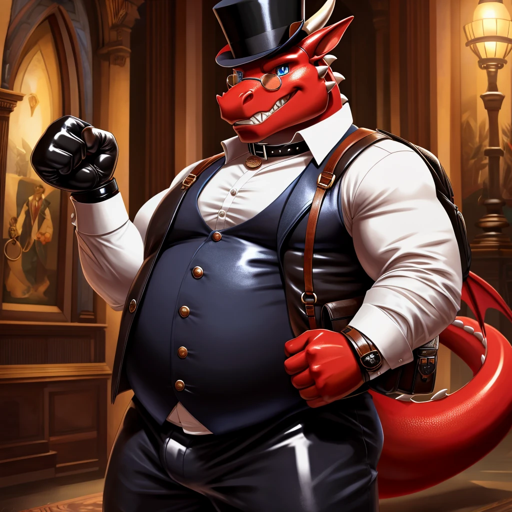 Solo, Male, fat, extremely obese, gentleman, dapper Professor Dragon, blue eyes, (posing:1.3), (soft shading), 4k, hi res, ((detailed face, detailed)), looking at viewer, evil grin, steampunk, collared shirt with buttons, top hat, male focus, Explorer Outfit, glasses, monocle, bag, vest with buttons, backpack, sleeves rolled up, round eyewear, brown headwear, brown vest, Dragon is wearing a glossy leather dog collar around the neck, Dragon is wearing the leather collar and shirt and vest at the same time, Dragon is wearing glossy white rubber gloves on the hands, wearing white rubber gloves on the feet, Dragon is wearing glossy white cuffs around the wrists with cufflinks, gloves are rubber in texture, clenching teeth, clenching fists, leather collar is glossy and shiny with a lot of detail, Dragon is wearing gloves and cuffs and cufflinks at the same time, leather collar has a round dog-tag, leather collar is thick and detailed.