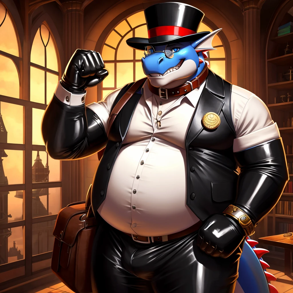 Solo, Male, fat, extremely obese, gentleman, dapper Professor Dragon, blue eyes, (posing:1.3), (soft shading), 4k, hi res, ((detailed face, detailed)), looking at viewer, evil grin, steampunk, collared shirt with buttons, top hat, male focus, Explorer Outfit, glasses, monocle, bag, vest with buttons, backpack, sleeves rolled up, round eyewear, brown headwear, brown vest, Dragon is wearing a glossy leather dog collar around the neck, Dragon is wearing the leather collar and shirt and vest at the same time, Dragon is wearing glossy white rubber gloves on the hands, wearing white rubber gloves on the feet, Dragon is wearing glossy white cuffs around the wrists with cufflinks, gloves are rubber in texture, clenching teeth, clenching fists, leather collar is glossy and shiny with a lot of detail, Dragon is wearing gloves and cuffs and cufflinks at the same time, leather collar has a round dog-tag, leather collar is thick and detailed.