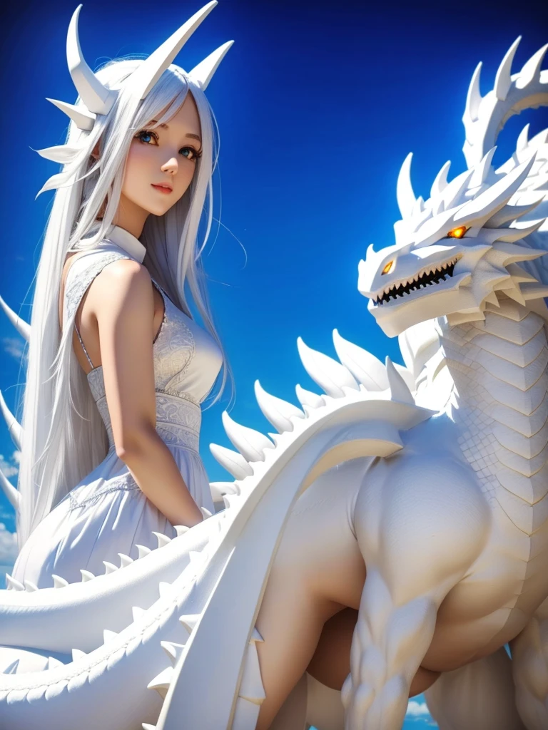 A beautiful girl in white clothes, long white hair and a giant white dragon on the side.