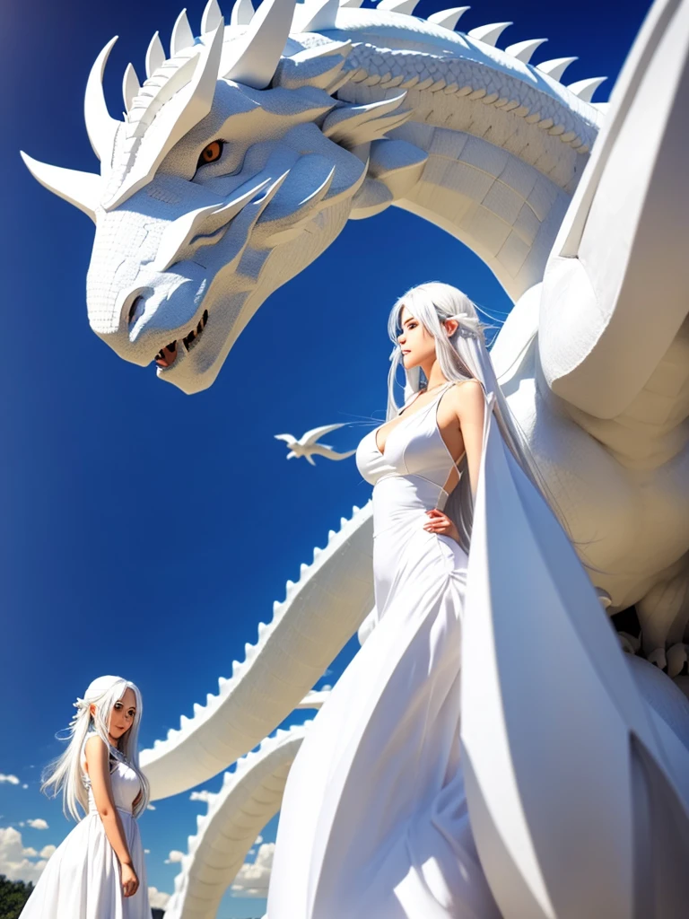 A beautiful girl in white clothes, long white hair and a giant white dragon on the side.