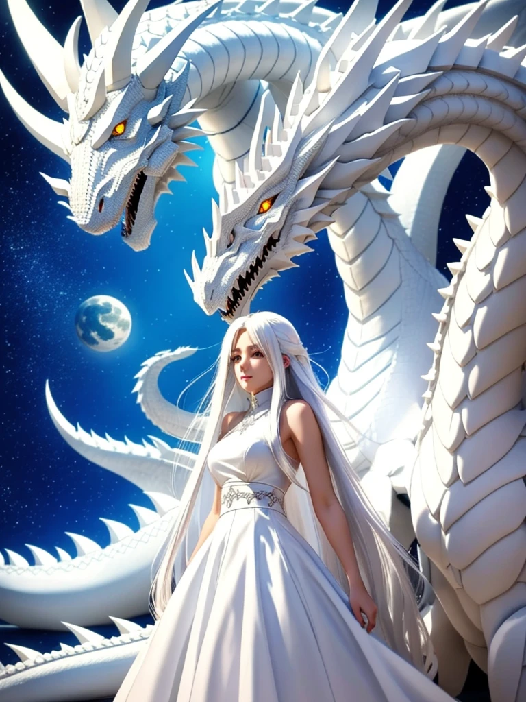 A beautiful girl in white clothes, long white hair and a giant white dragon on the side.