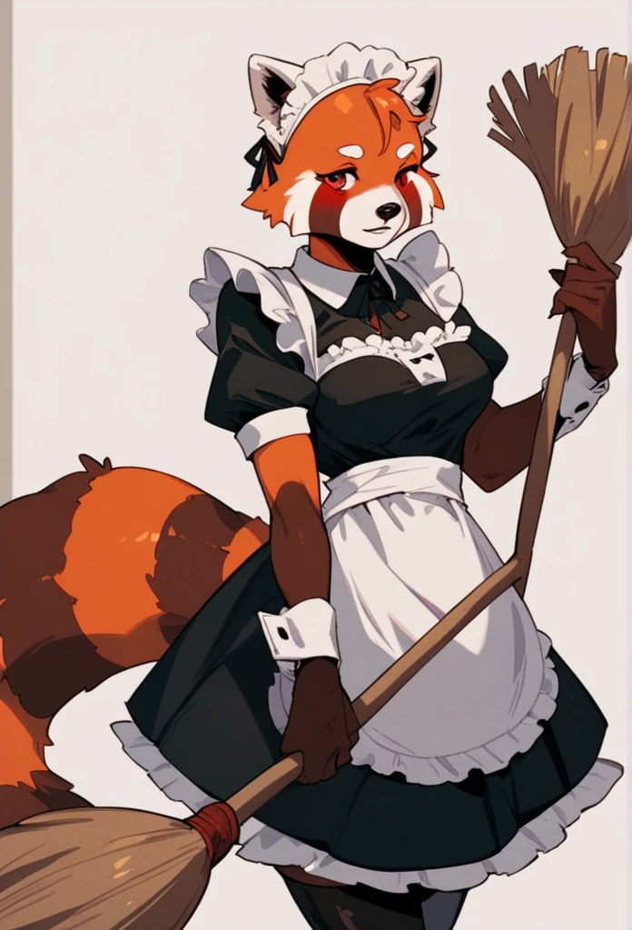 score_8_up,( score_4_up:-0.2), woman, red panda, anthro, maid, hold a broom