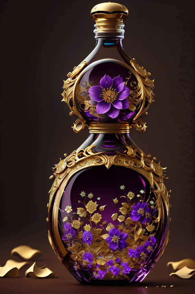 a highly detailed realistic glass bottle filled with rich chocolate liquid, beautiful purple and golden flowers decorating the bottle, elegant and luxurious, photorealistic, 8k, ultra-detailed, masterpiece