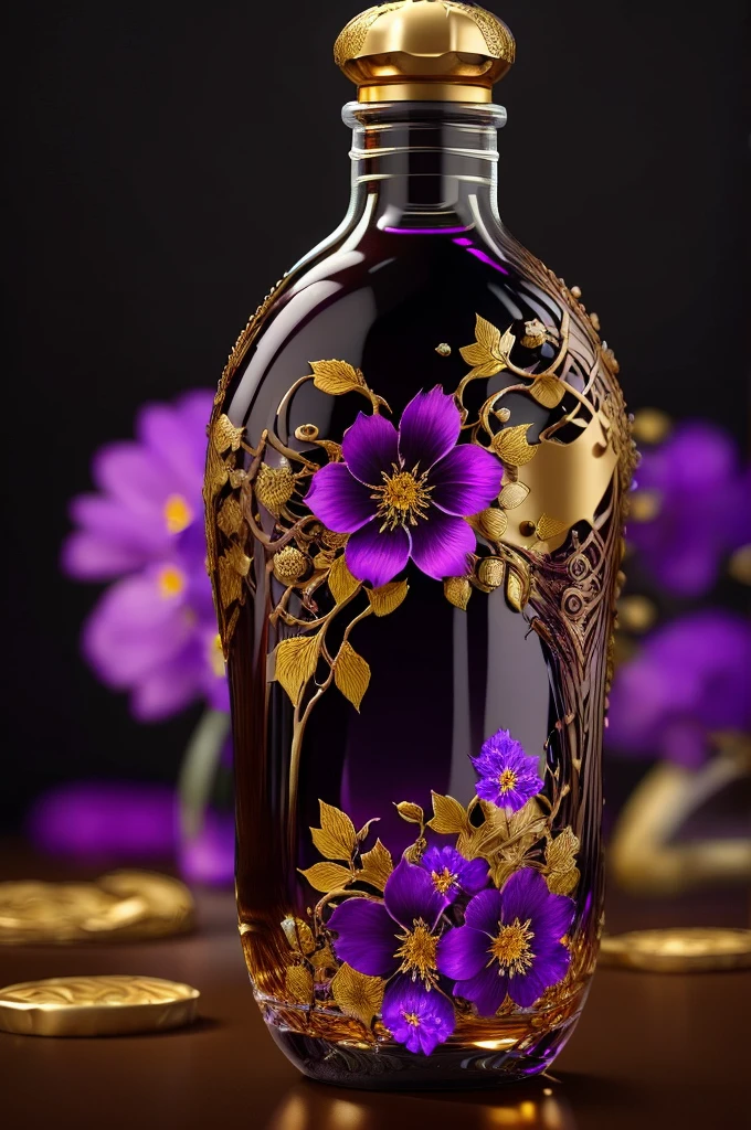 a highly detailed realistic glass bottle filled with rich chocolate liquid, beautiful purple and golden flowers decorating the bottle, elegant and luxurious, photorealistic, 8k, ultra-detailed, masterpiece