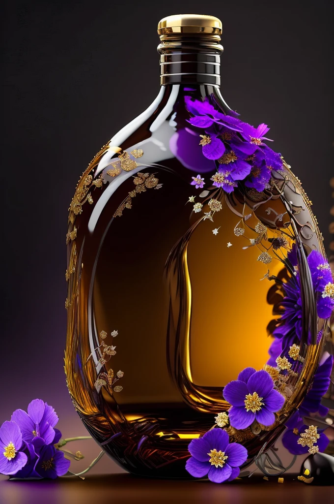 a highly detailed realistic glass bottle filled with rich chocolate liquid, beautiful purple and golden flowers decorating the bottle, elegant and luxurious, photorealistic, 8k, ultra-detailed, masterpiece