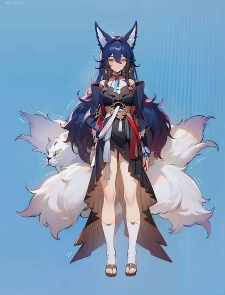 Tingyun, seductive, thick thighs, blue background, realistic, best quality, masterpiece, ultra detail, ultra high res, 4 tail, full body, concept art