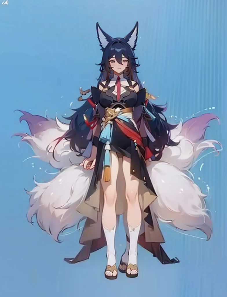 Tingyun, seductive, thick thighs, blue background, realistic, best quality, masterpiece, ultra detail, ultra high res, 4 tail, full body, concept art