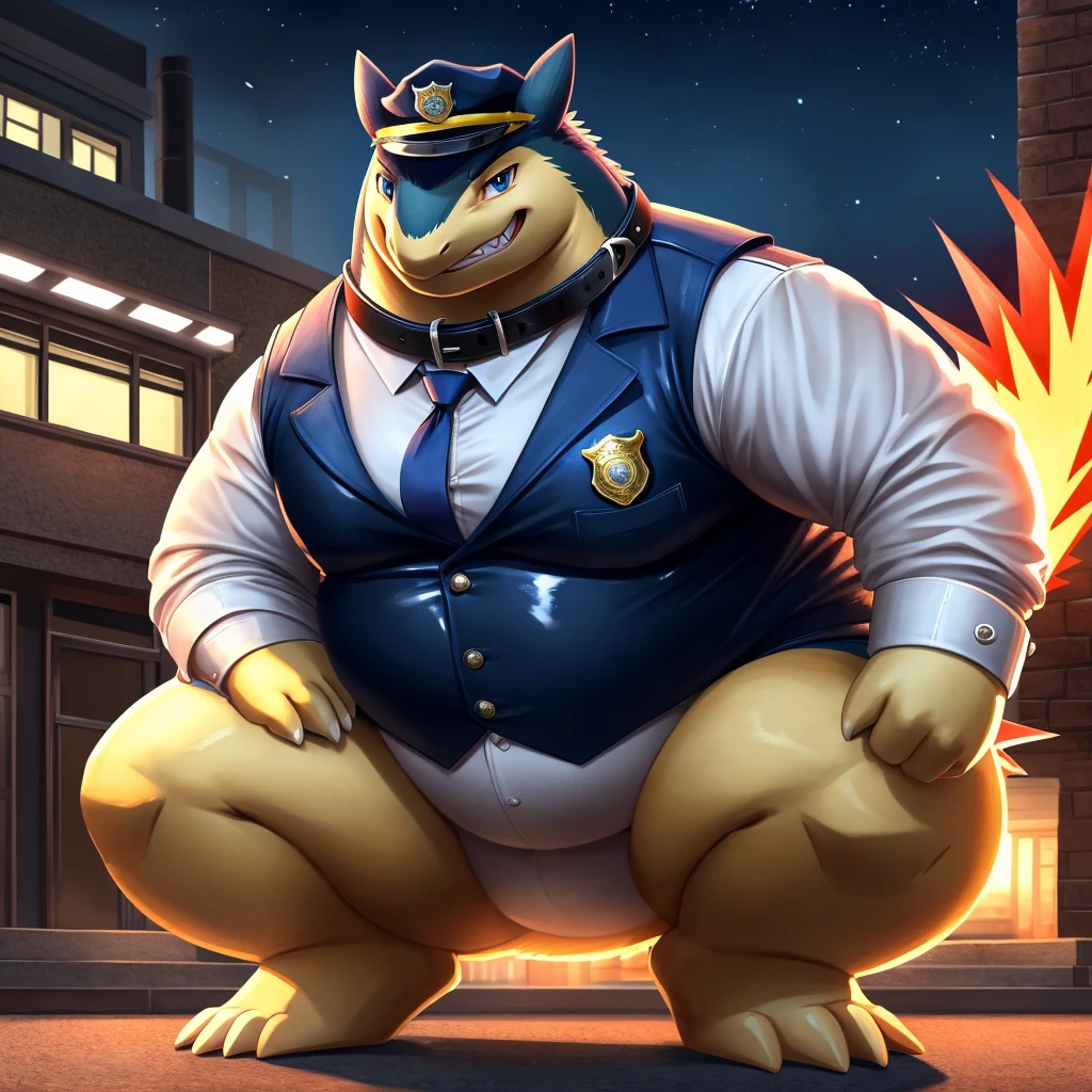 Solo, Male, fat, squatting, extremely obese, gentleman, dapper Typhlosion, blue eyes, (soft shading), 4k, hi res, ((detailed face, detailed)), looking at viewer, evil grin, police station, collared shirt with buttons, hat, male focus, Police Uniform, glasses, monocle, vest with buttons, sleeves rolled up, round eyewear, headwear, vest, Typhlosion is wearing a glossy leather dog collar around the neck, Typhlosion is wearing the leather collar and shirt and vest at the same time, Typhlosion is wearing glossy white rubber gloves on the hands, wearing white rubber gloves on the feet, Typhlosion is wearing glossy white cuffs around the wrists with cufflinks, gloves are rubber in texture, clenching teeth, clenching fists, leather collar is glossy and shiny with a lot of detail, Typhlosion is wearing gloves and cuffs and cufflinks at the same time, leather collar has a round dog-tag, leather collar is thick and detailed.