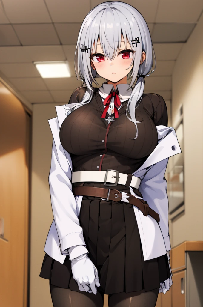 masterpiece, best quality, highres, hmhy1,silver hair, low twintails, hair ornament,huge breasts, red ribbon, collared shirt, sweater, labcoat, open clothes, off shoulder, long sleeves, flower, belt, white gloves, pleated skirt, black pantyhose, cowboy shot, indoor,(nsfw)