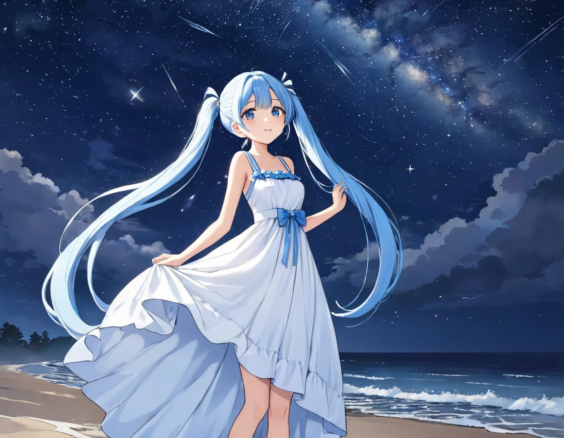 Night sky beach、Moonlit Night、milky way、Lots of shooting stars、Light blue long hair、Beautiful girl with twin tails、White long dress、Face Highlights