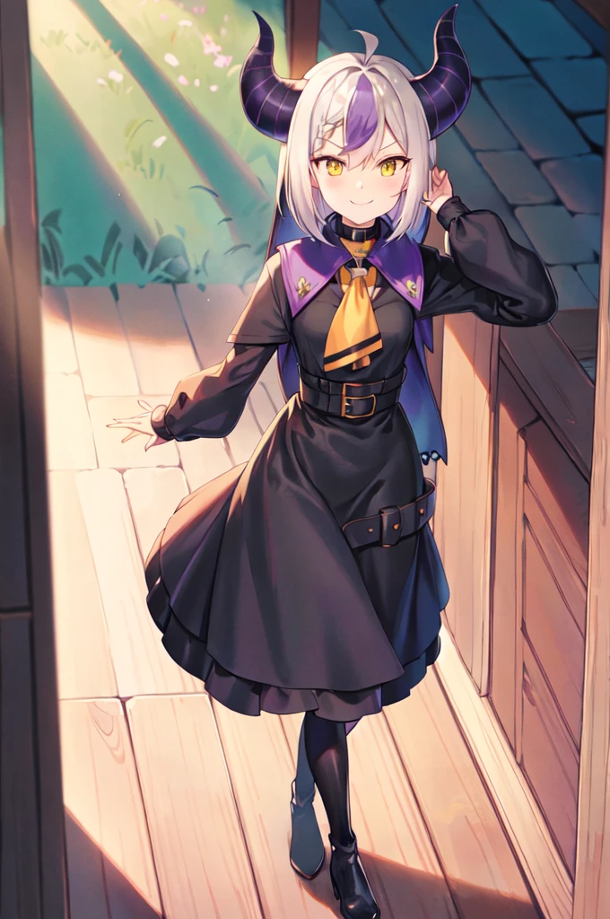 sleeves past wrists, sleeves past fingers, braid, Long sleeves, single leg pantyhose, yellow ascot, ascot, Black footwear, Dress, Metal collar, long boots, Black Dress, Collar, pantyhose, single thighhigh,Evil smile, in the style of old house, inside, sunlit, lamp,