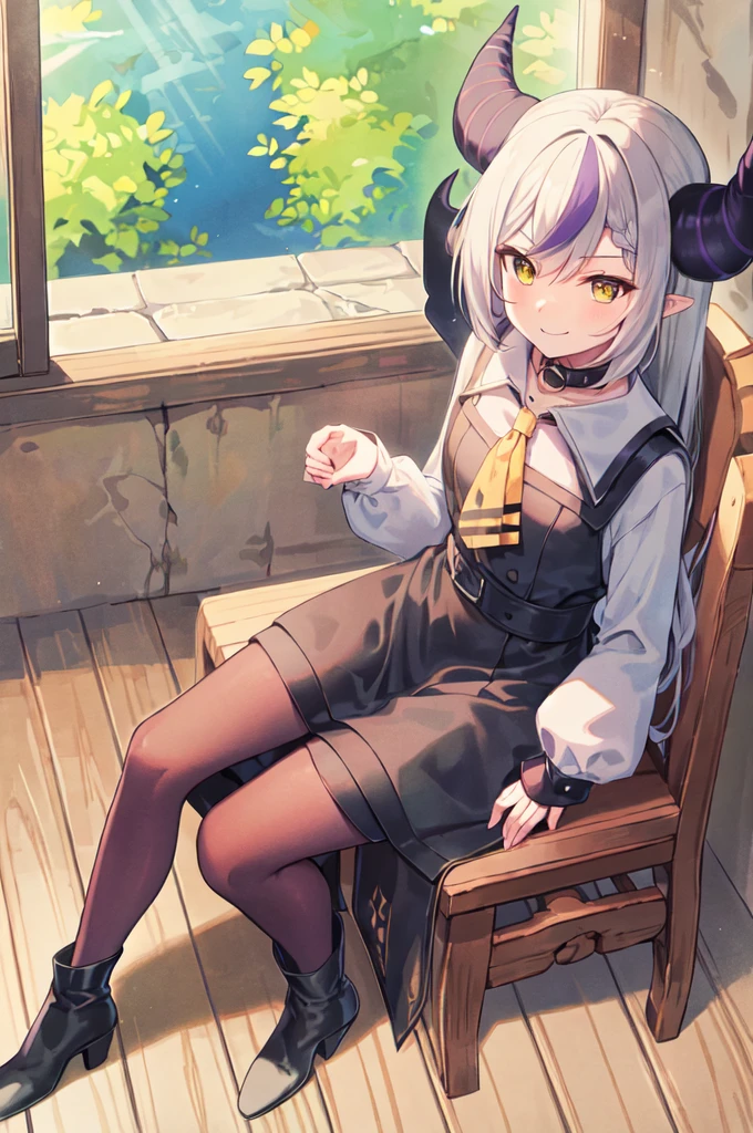 sleeves past wrists, sleeves past fingers, braid, Long sleeves, single leg pantyhose, yellow ascot, ascot, Black footwear, Dress, Metal collar, long boots, Black Dress, Collar, pantyhose, single thighhigh,Evil smile, in the style of old house, inside, sunlit, lamp,