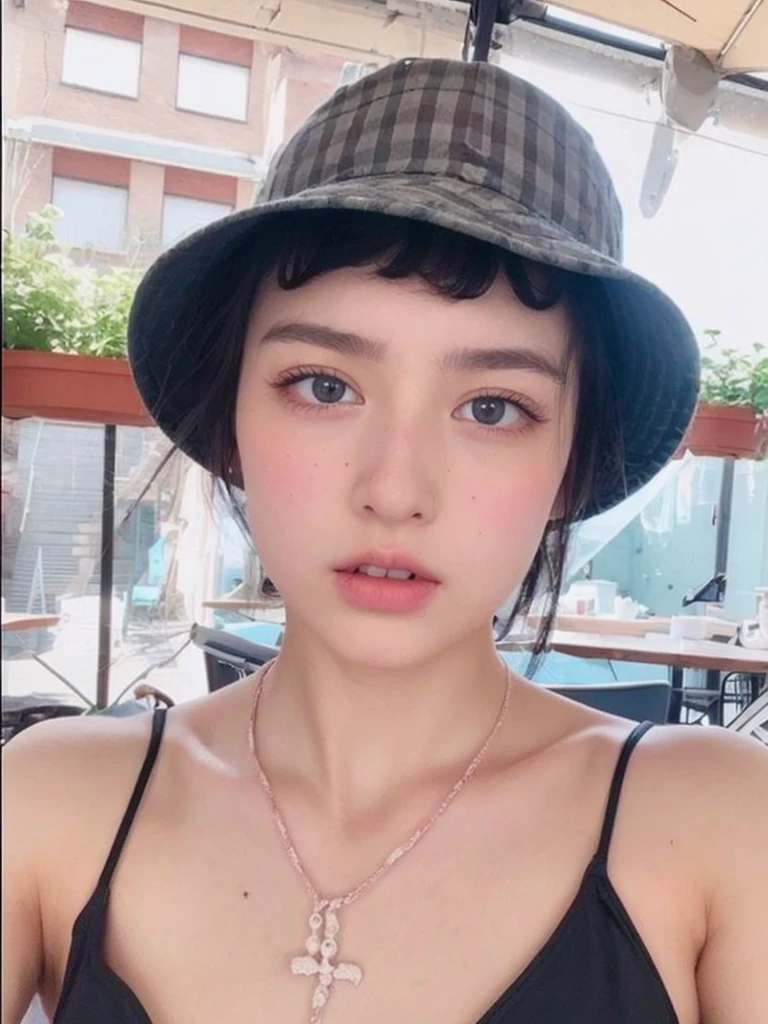 Teenage girl with clean pale skin and silky soft black hair, with small pink lips and a small, thin potato nose and blue-green eyes,taking a photo looking at the camera with a black bikini and good quality