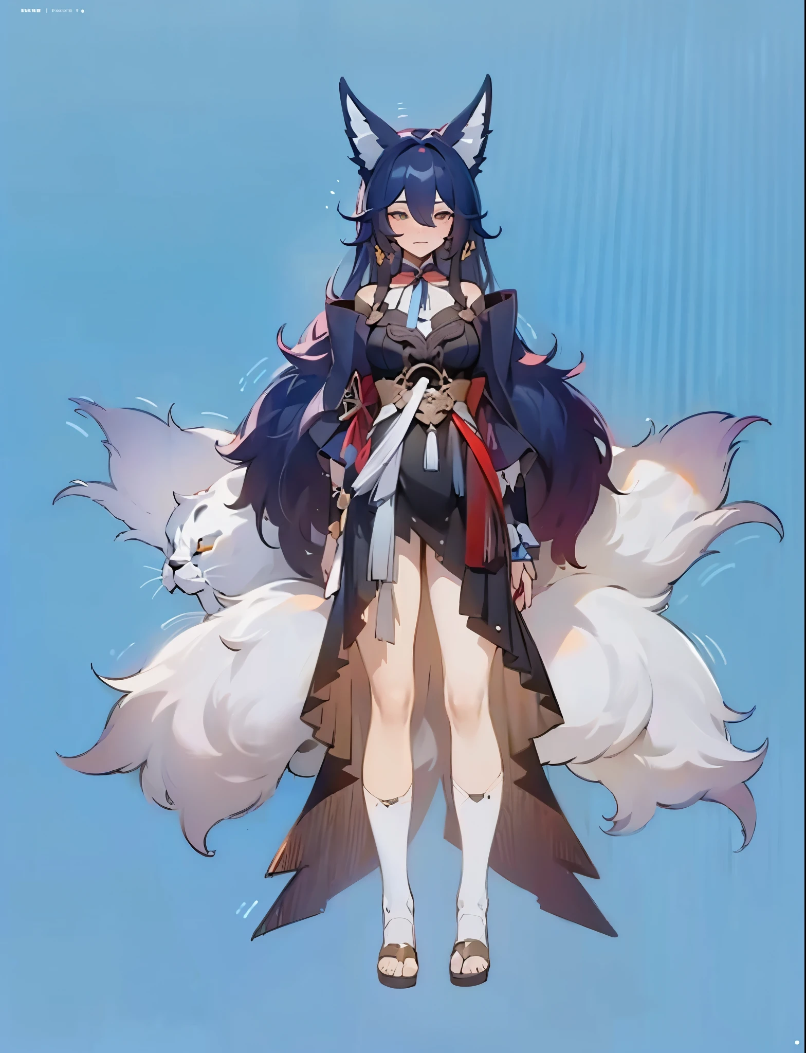 Tingyun, seductive, thick thighs, blue background, realistic, best quality, masterpiece, ultra detail, ultra high res, 4 tail, full body, concept art