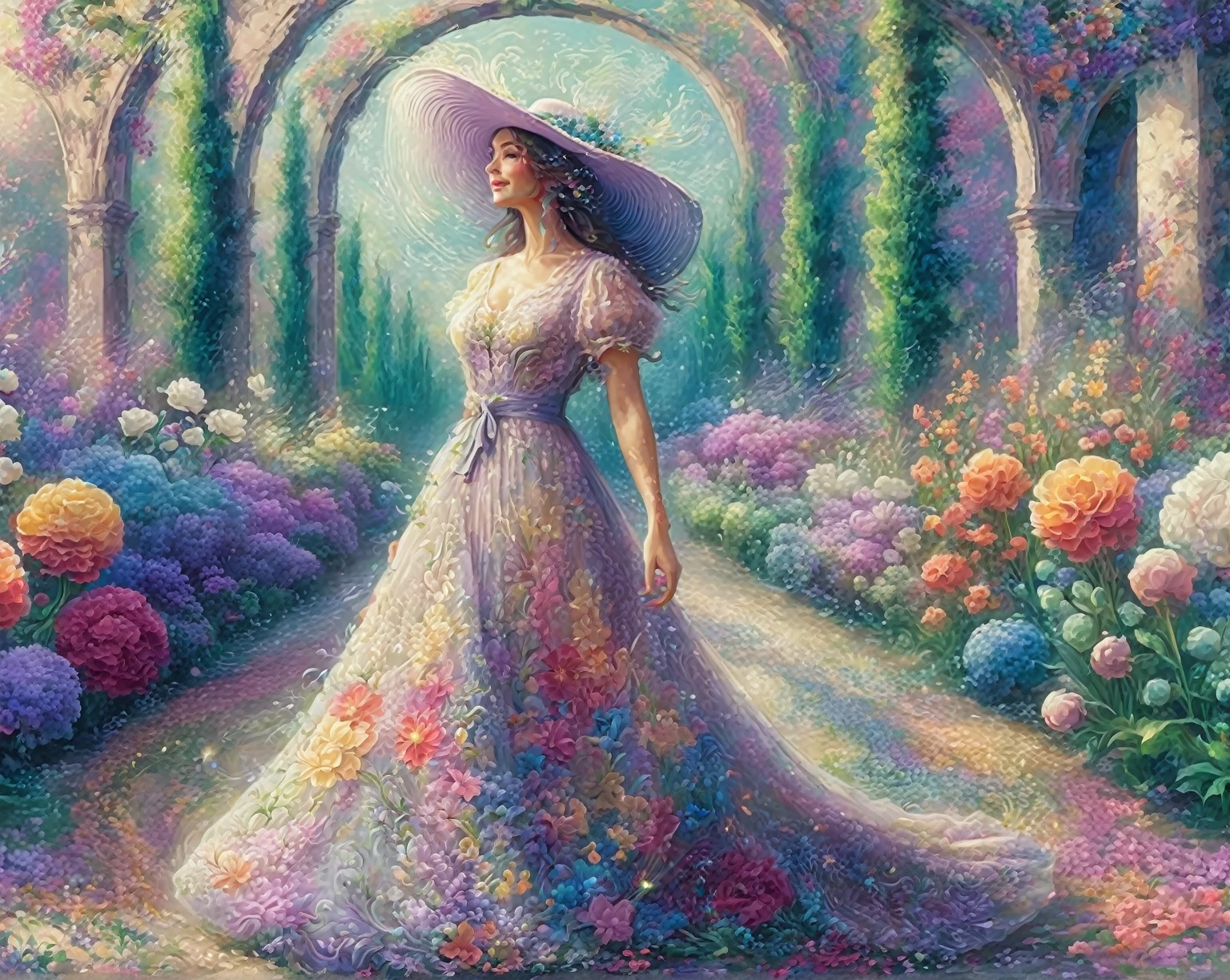 a painting of a woman in a long dress and hat walking through a garden, beautiful fantasy painting, fantasy painterly style, colorfull digital fantasy art, beautiful retro art, beautiful fantasy art, woman in flowers, beautiful art uhd 4 k, dreamy art, a goddess in a field of flowers, a beautiful artwork illustration, very beautiful fantasy art, beautiful painting