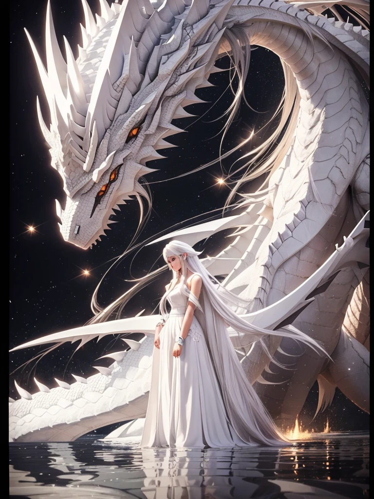 A beautiful girl in white clothes, long white hair and a giant white dragon on the side.