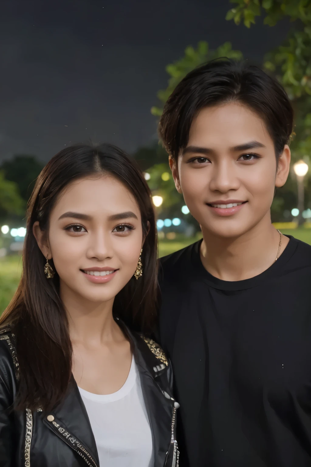 Best Quality, Super Detail, Super Realistik, Ultra Hight Resolution, 8K Resolution. Seorang pria Indonesia berkacamata, rambut panjang sedang berpose bersama seorang wanita cantik