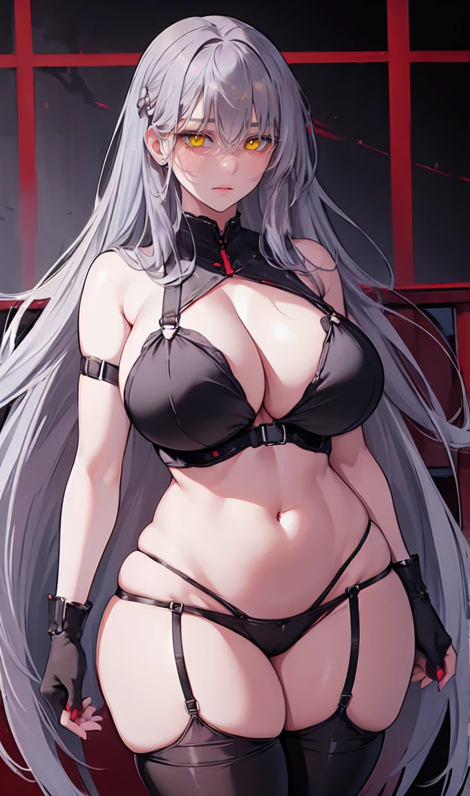 1girl, solo,lips, female focus, red eyes, looking at viewer, gray hair, long hair, closed mouth, ((Wide hips, thick thighs, massive huge breasts))