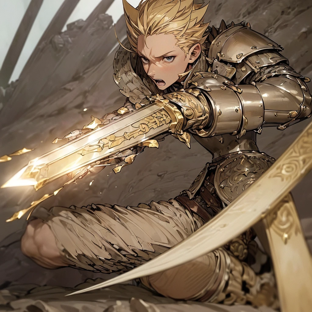 (((masterpiece of the highest quality))), (((medieval fantasy))), (((extreme details))), ((great fantasy sword)) (((ultra detailed))), (((male))), ((solo)) ((halfelf)), ((A 25-year-old Halfelf man)), ((150cm tall)), (175cm tall), ((blond spiked hair)), ((short spiked hair)), ((brown eyes)), ((exquisite detailed face)), ((detailed expressive eyes)), ((perfect eyes)), ((perfects hands)), ((rocking expression)), ((medieval half brass half letter armor)), ((holding huge great sword)), ((detailed great sword)), (((8k))), ((extra quality)), (extra details), ((exquisite eyes)), ((dynamic battle stance)), ((blurred battle background)), ((cinematic lighting)), ((full body)), ((extreme care to detail)), ((movie effects)), (war zone background)