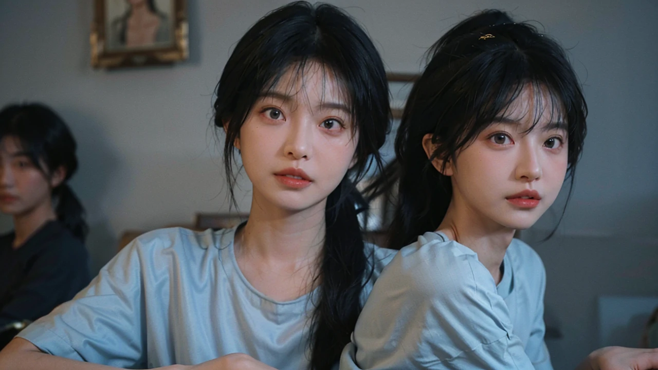 Temperament girl, big breasts, narrow waist delicate facial features, bangs, blue ponytail, messy hair, hair is very realistic, wearing a short-sleeved blue shirt, the background is the sky, sea view, Du Qiong, exquisite makeup, light red lips, big eyes, double eyelids, black holes, bright eyes, symmetrical face, face is very real, meticulously portrayed the girl's face, blush, super high value, looking at the audience, very realistic skin, skin oil reflection, artwork, clothes with real fabric texture, realistic painting, Cinematic style, photography level, ray tracing, realistic light and shadow effects, realism, masterpiece, like the top photography effect, 8K
