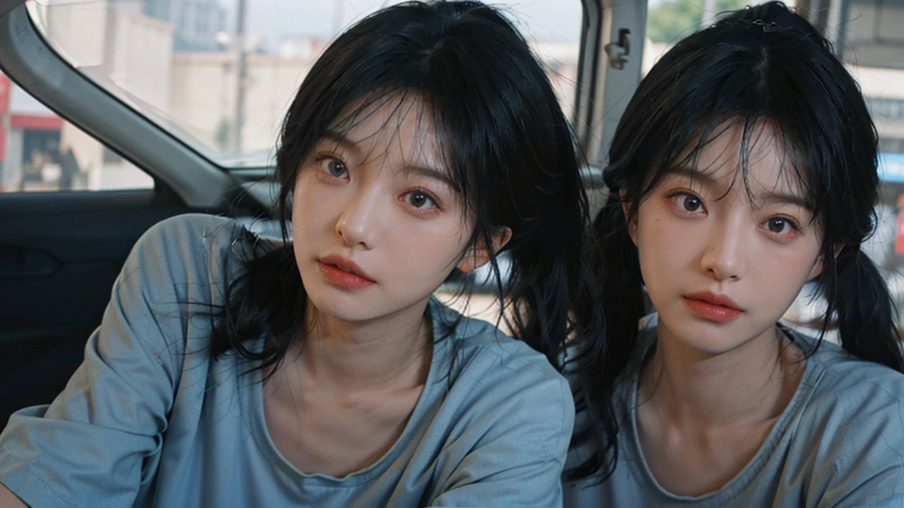 Temperament girl, big breasts, narrow waist delicate facial features, bangs, blue ponytail, messy hair, hair is very realistic, wearing a short-sleeved blue shirt, the background is the sky, sea view, Du Qiong, exquisite makeup, light red lips, big eyes, double eyelids, black holes, bright eyes, symmetrical face, face is very real, meticulously portrayed the girl's face, blush, super high value, looking at the audience, very realistic skin, skin oil reflection, artwork, clothes with real fabric texture, realistic painting, Cinematic style, photography level, ray tracing, realistic light and shadow effects, realism, masterpiece, like the top photography effect, 8K