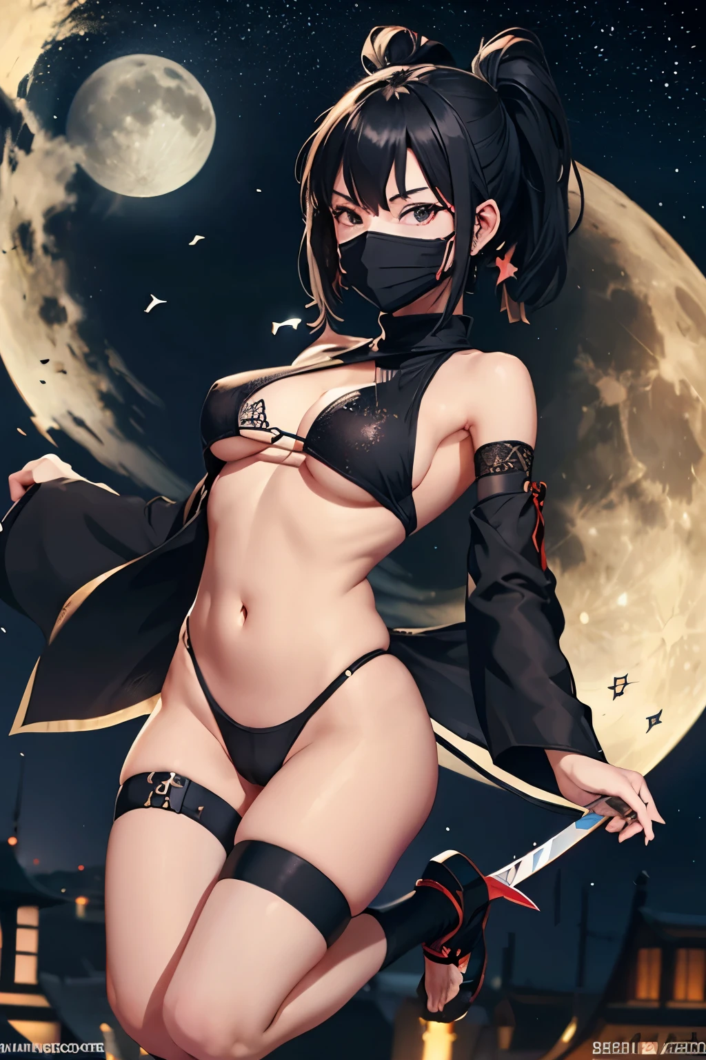 Young Woman, Ninja, Transparent Body(black), Kabuki Mask, Dagger, Jumping, Rooftops, Nahct, Moon and Stars, Sexy, Underboob, Transparent Pussy,