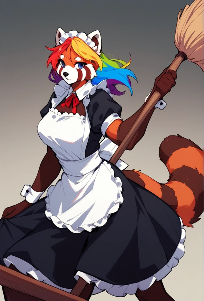 score_8_up,( score_4_up:-0.2), woman, red panda, rainbow hair, perfect body, anthro, maid, hold a broom
