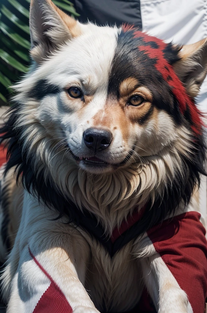 flag with three horizontal stripes in colors, rot, offwhite, Unripe, with a wolf&#39;s head in the center