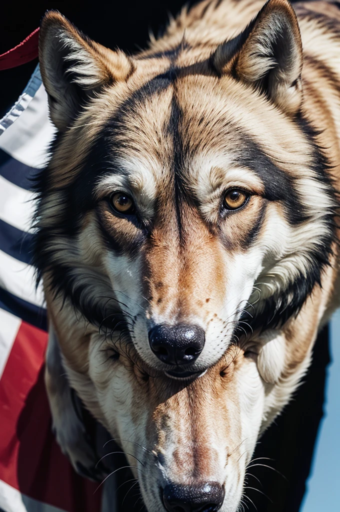 flag with three horizontal stripes in colors, rot, offwhite, Unripe, with a wolf&#39;s head in the center