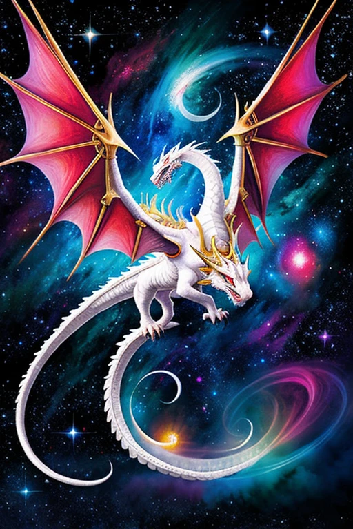 White light cosmic majestic legendary huge dragon flying in the galaxy yugioh art style