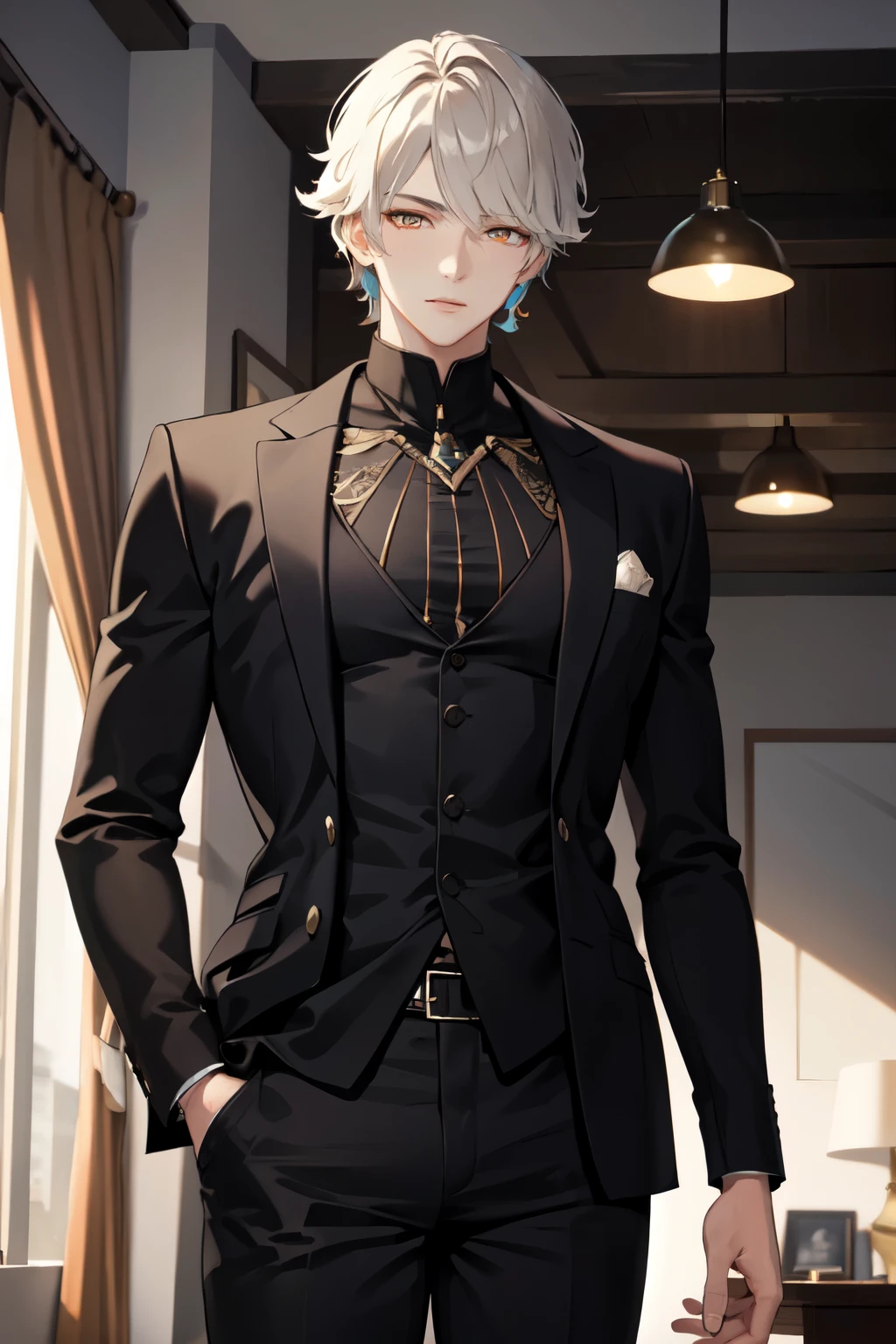 ((best quality)), ((masterpiece)), (detailed), handsome young adult male, short white hair, detailed and well-proportioned orange eyes, orange eyes, wearing a suit