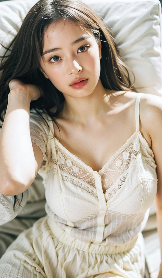 Realistic, Browsing Caution, (On the bed), (Lying down), From above, Black idol dress, Light Smile