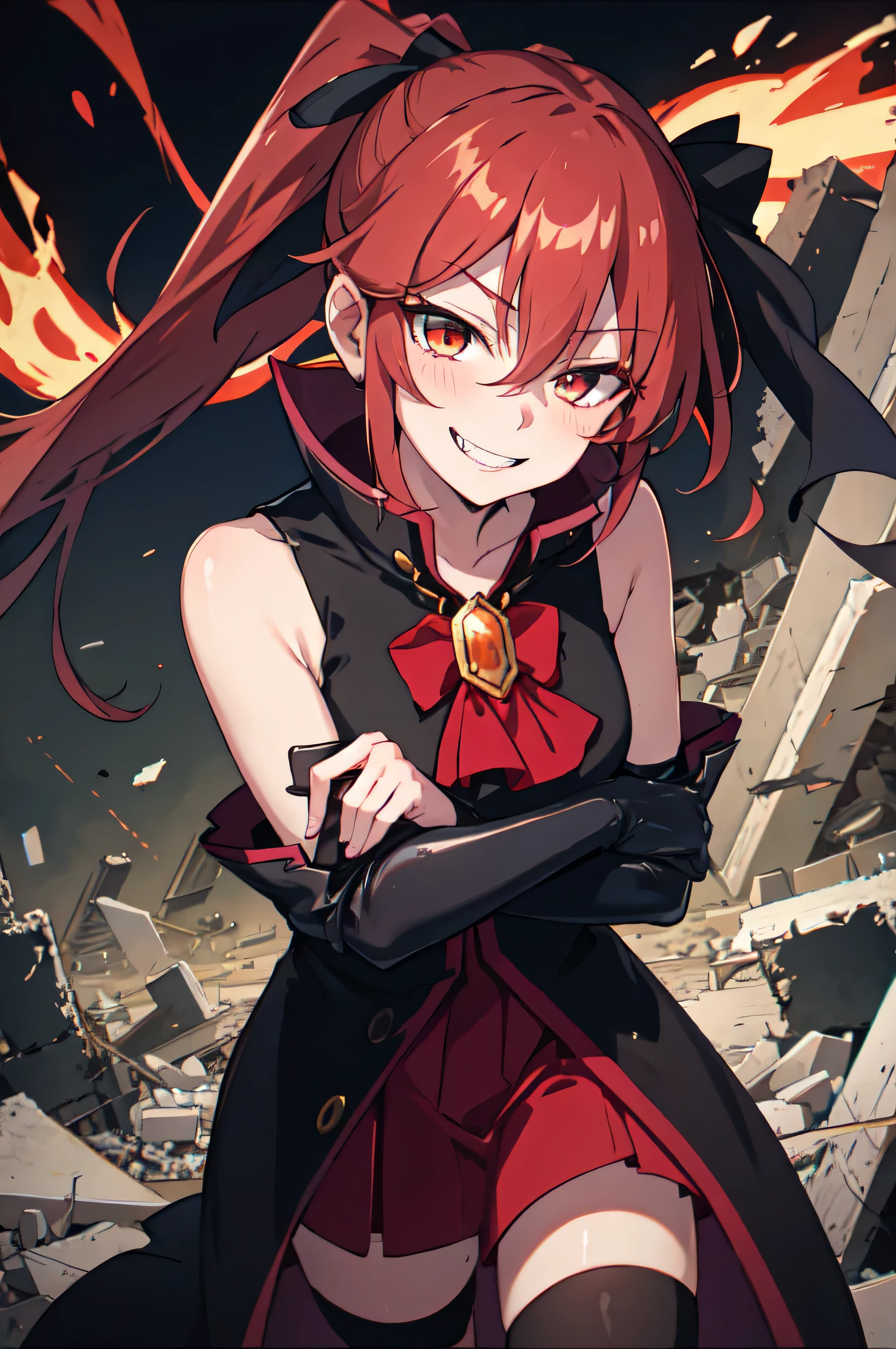Highest quality, masterpiece, One Girl,Not beautiful, Red Ponytail, Long dress, brooch, Hair Ribbon, - Elbow hand pockets, Black knee socks, Standing on the rubble, Cityscape in a sea of fire, (Wicked Smile:1.1), ,,Dark shadowed face,Sadistic smile,Malice,Contempt,smile,latex,Bad face,,Red Skirt,Raging Thunder