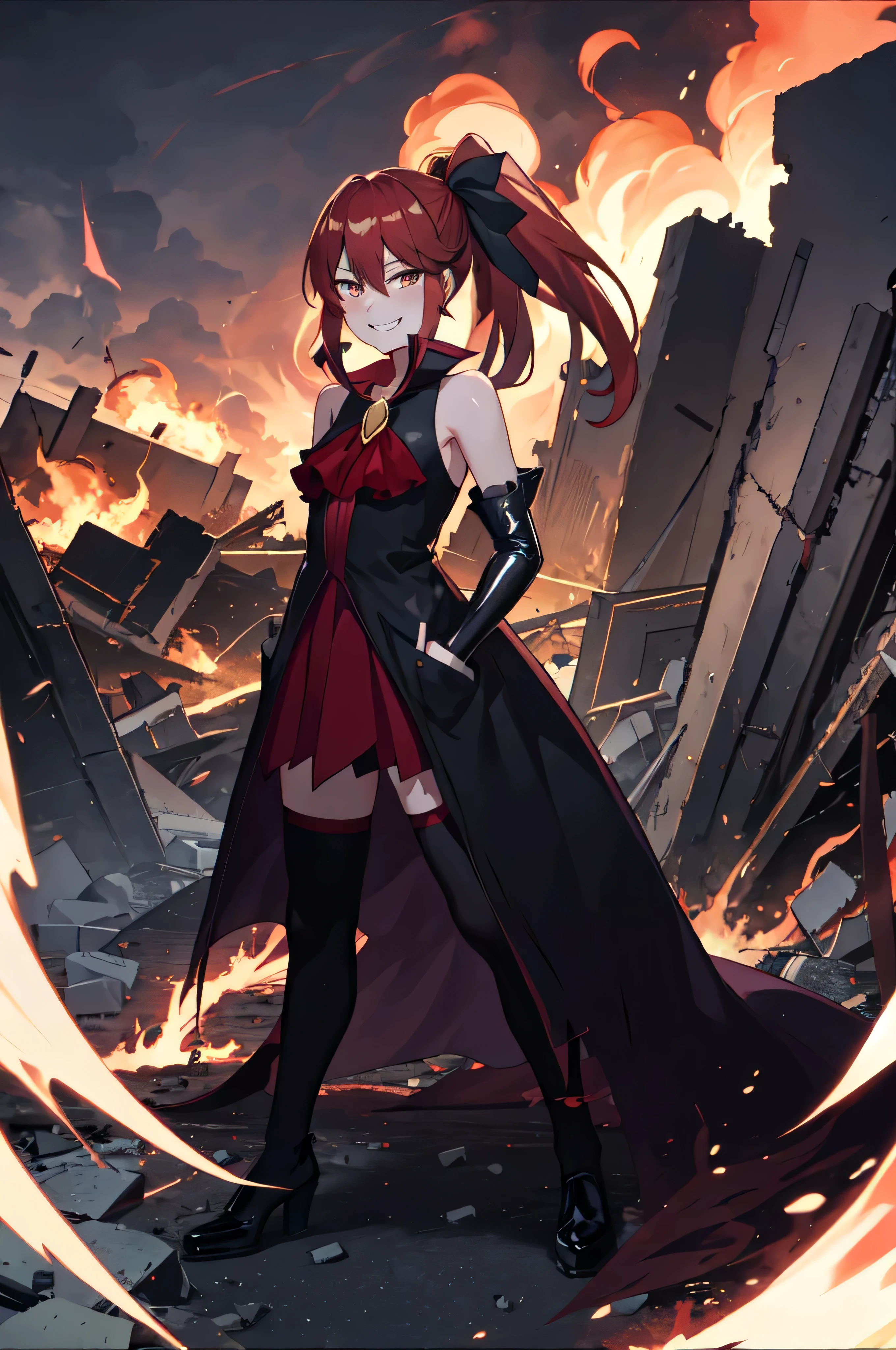 Highest quality, masterpiece, One Girl,Not beautiful, Red Ponytail, Long dress, brooch, Hair Ribbon, - Elbow hand pockets, Black knee socks, Standing on the rubble, Cityscape in a sea of fire, (Wicked Smile:1.1), ,,Dark shadowed face,Sadistic smile,Malice,Contempt,smile,latex,Bad face,,Red Skirt,Raging Thunder
