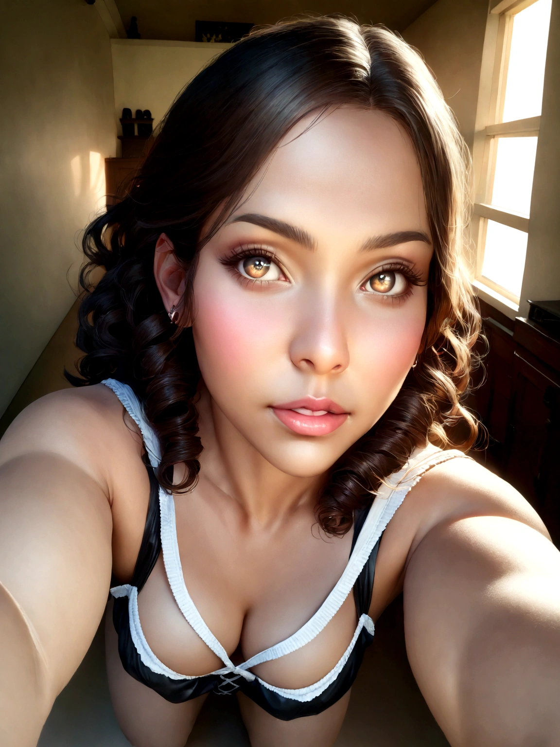 a naughty 30 year old girl, perfect detailed body,full body, curly hair, wearing a naughty maid uniform, extremely detailed, photorealistic, high quality, 8k, (best quality,4k,8k,highres,masterpiece),ultra-detailed,(realistic,photorealistic,photo-realistic),beautiful detailed eyes,beautiful detailed lips,extremely detailed eyes and face,longeyelashes,studio lighting,dramatic lighting,vivid colors,cinematic composition