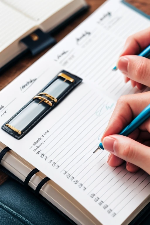 Ultra-realistic image of a person writing in a notebook or planner.