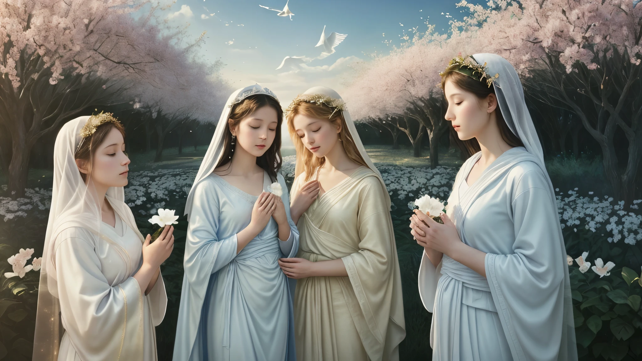 Serenity of Mary, ultra realistic, 4K, digital sacred painting. Center: Young Mary, serene and contemplative expression. Fluid blue and white robes, delicate veil. Subtle halo. Hands gently crossed over your belly. Face illuminated by soft light, eyes downcast in reflection. Background: spring garden of Eden, fruit trees, colorful flowers. White doves flying around. Rays of heavenly light piercing golden clouds. Young angels watching discreetly. Intricate details in the folds of the fabric, texture of the skin, and natural surroundings. Soft color palette with an emphasis on blues, whites and golds. Light and shadow technique reminiscent of Caravaggio. Atmosphere of peace and divine expectation.