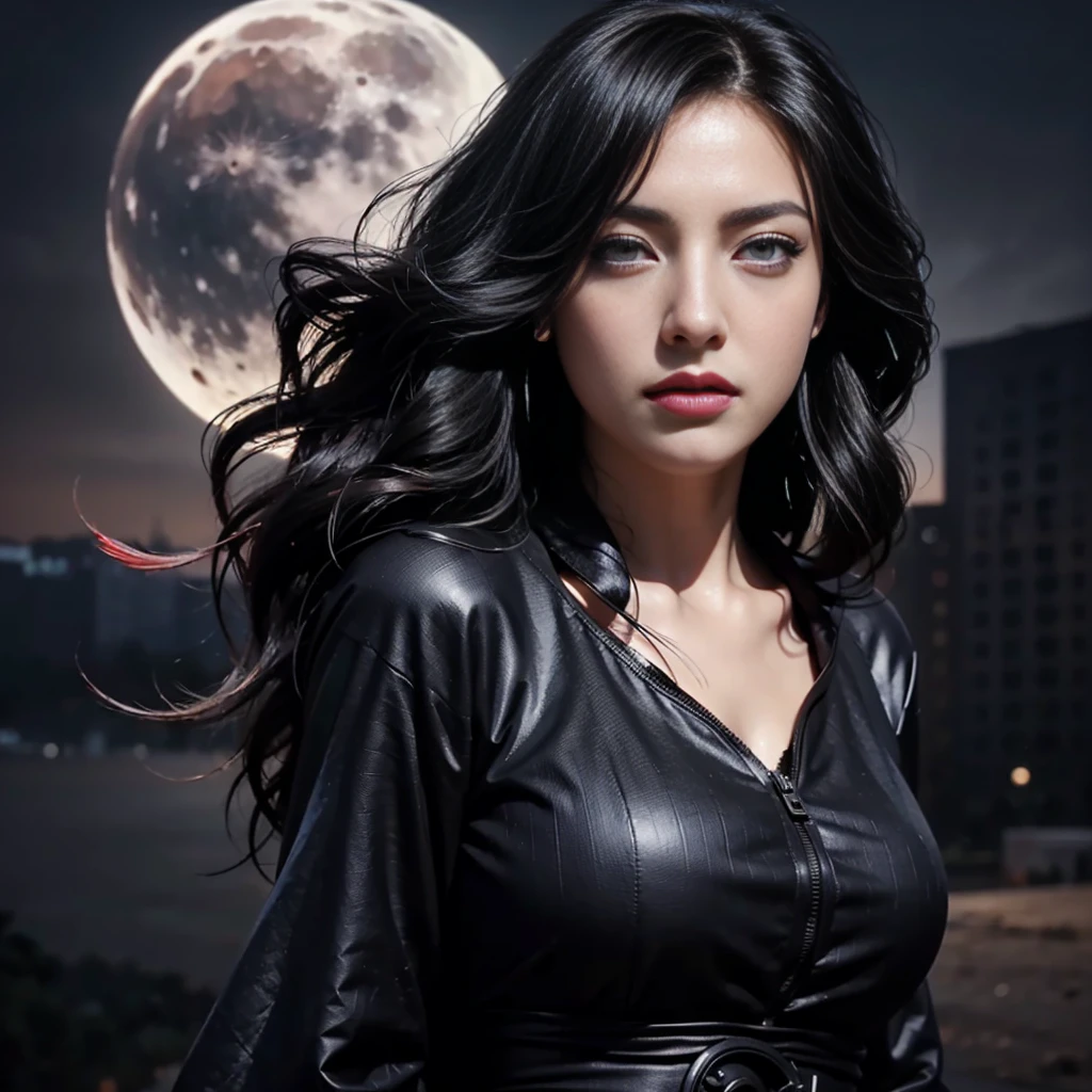 masterpiece, best quality,, sexy women, (colorful),(finely detailed beautiful eyes and detailed face),cinematic lighting,bust shot,extremely detailed CG unity 8k wallpaper,wavy hair,solo,angry face,red dress,((flying petal)), sky, cloudy_sky, building, moonlight, moon, night, (dark theme:1.3), light, fantasy,