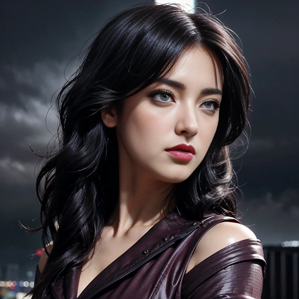 masterpiece, best quality,, sexy women, (colorful),(finely detailed beautiful eyes and detailed face),cinematic lighting,bust shot,extremely detailed CG unity 8k wallpaper,wavy hair,solo,angry face,red dress,((flying petal)), sky, cloudy_sky, building, moonlight, moon, night, (dark theme:1.3), light, fantasy,