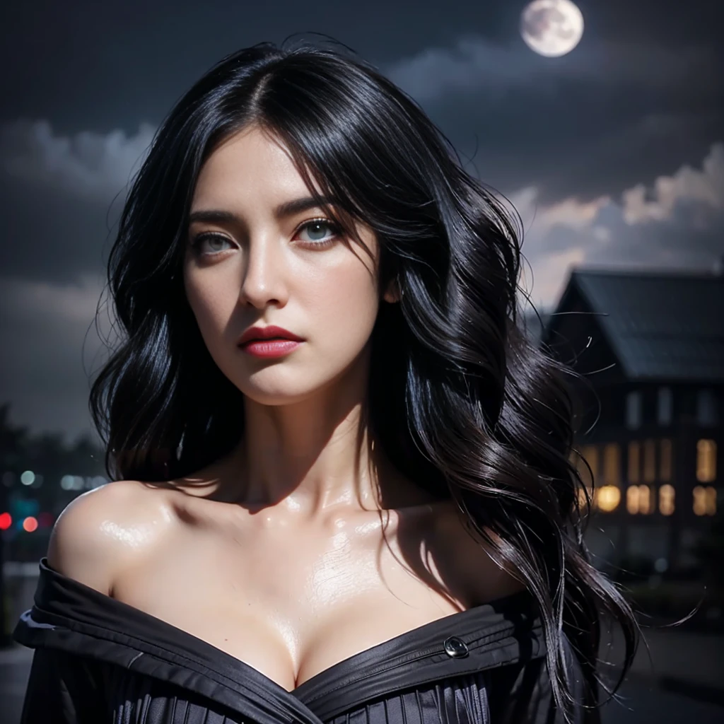 masterpiece, best quality,, sexy women, (colorful),(finely detailed beautiful eyes and detailed face),cinematic lighting,bust shot,extremely detailed CG unity 8k wallpaper,wavy hair,solo,angry face,red dress,((flying petal)), sky, cloudy_sky, building, moonlight, moon, night, (dark theme:1.3), light, fantasy,