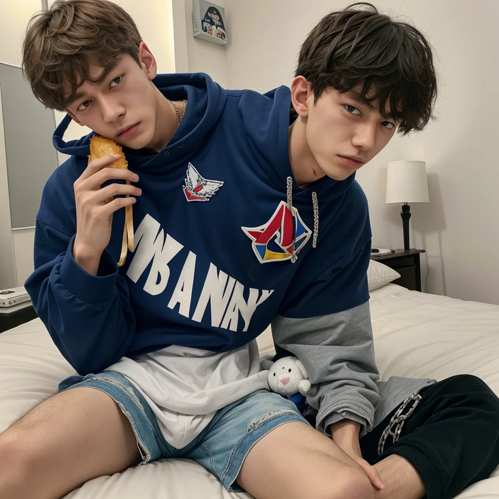 arafed man sitting on a bed with a stuffed animal, low quality footage, bladee from drain gang, 1 7 - year - old boy thin face, grainy footage, tommy 1 6 years old, instagram story, thawan duchanee, low quality video, taehyung eating gucci fries, giga chad crying, ruan cute vtuber