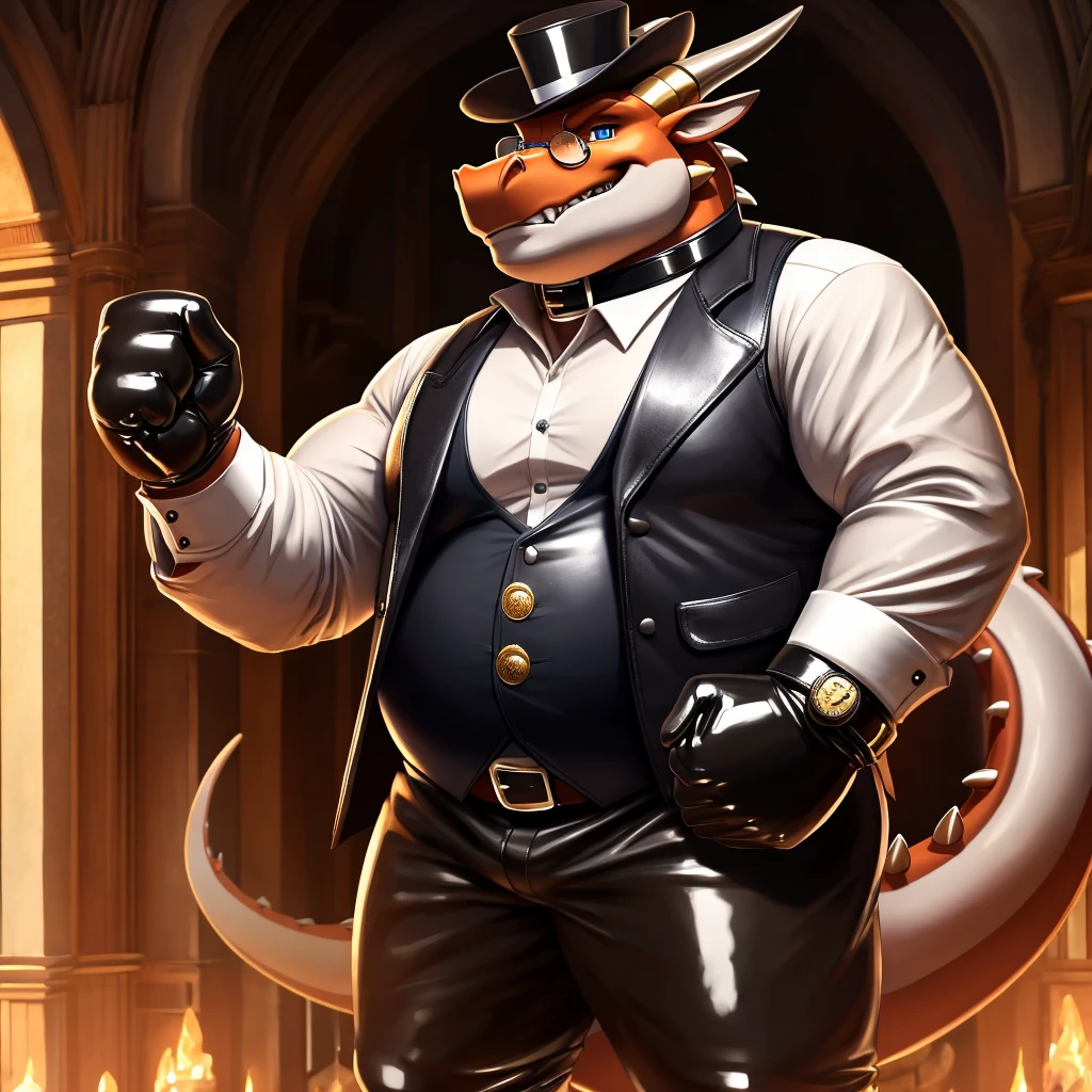 Solo, Male, fat, extremely obese, gentleman, dapper Professor Dragon, blue eyes, (posing:1.3), (soft shading), 4k, hi res, ((detailed face, detailed)), looking at viewer, evil grin, steampunk, collared shirt with buttons, top hat, male focus, Explorer Outfit, glasses, monocle, bag, vest with buttons, backpack, sleeves rolled up, round eyewear, brown headwear, brown vest, Dragon is wearing a glossy leather dog collar around the neck, Dragon is wearing the leather collar and shirt and vest at the same time, Dragon is wearing glossy white rubber gloves on the hands, wearing white rubber gloves on the feet, Dragon is wearing glossy white cuffs around the wrists with cufflinks, gloves are rubber in texture, clenching teeth, clenching fists, leather collar is glossy and shiny with a lot of detail, Dragon is wearing gloves and cuffs and cufflinks at the same time, leather collar has a round dog-tag, leather collar is thick and detailed.