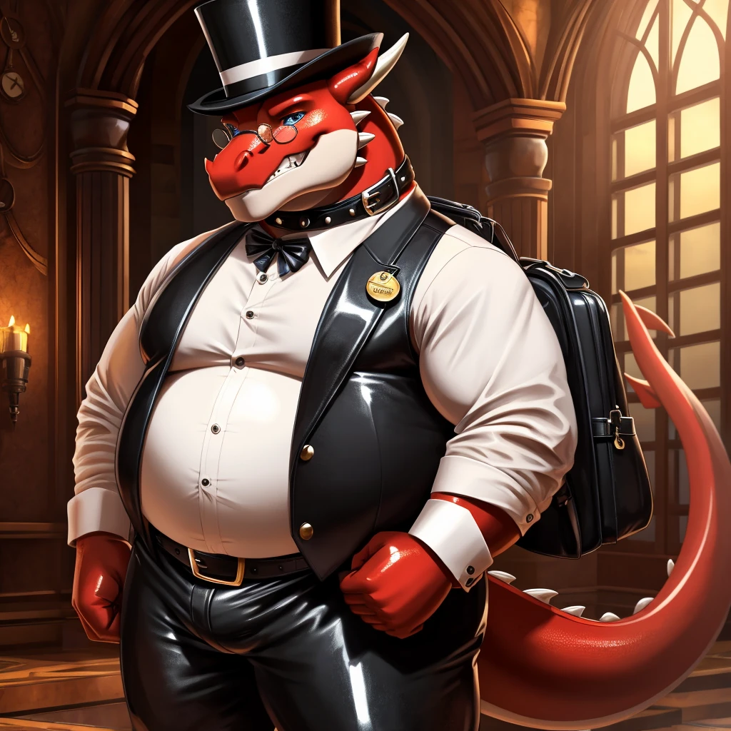 Solo, Male, fat, extremely obese, gentleman, dapper Professor Dragon, blue eyes, (posing:1.3), (soft shading), 4k, hi res, ((detailed face, detailed)), looking at viewer, evil grin, steampunk, collared shirt with buttons, top hat, male focus, Explorer Outfit, glasses, monocle, bag, vest with buttons, backpack, sleeves rolled up, round eyewear, brown headwear, brown vest, Dragon is wearing a glossy leather dog collar around the neck, Dragon is wearing the leather collar and shirt and vest at the same time, Dragon is wearing glossy white rubber gloves on the hands, wearing white rubber gloves on the feet, Dragon is wearing glossy white cuffs around the wrists with cufflinks, gloves are rubber in texture, clenching teeth, clenching fists, leather collar is glossy and shiny with a lot of detail, Dragon is wearing gloves and cuffs and cufflinks at the same time, leather collar has a round dog-tag, leather collar is thick and detailed.