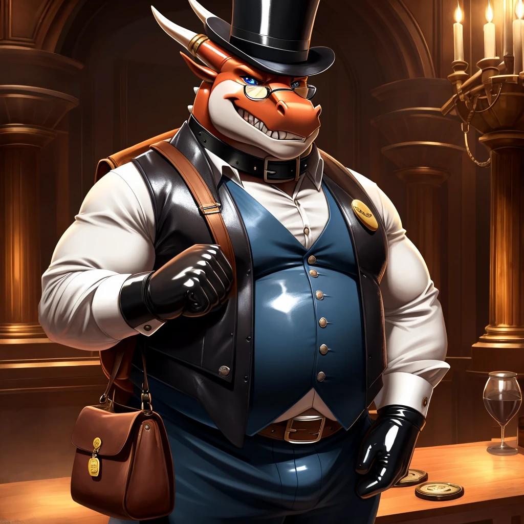 Solo, Male, fat, extremely obese, gentleman, dapper Professor Dragon, blue eyes, (posing:1.3), (soft shading), 4k, hi res, ((detailed face, detailed)), looking at viewer, evil grin, steampunk, collared shirt with buttons, top hat, male focus, Explorer Outfit, glasses, monocle, bag, vest with buttons, backpack, sleeves rolled up, round eyewear, brown headwear, brown vest, Dragon is wearing a glossy leather dog collar around the neck, Dragon is wearing the leather collar and shirt and vest at the same time, Dragon is wearing glossy white rubber gloves on the hands, wearing white rubber gloves on the feet, Dragon is wearing glossy white cuffs around the wrists with cufflinks, gloves are rubber in texture, clenching teeth, clenching fists, leather collar is glossy and shiny with a lot of detail, Dragon is wearing gloves and cuffs and cufflinks at the same time, leather collar has a round dog-tag, leather collar is thick and detailed.