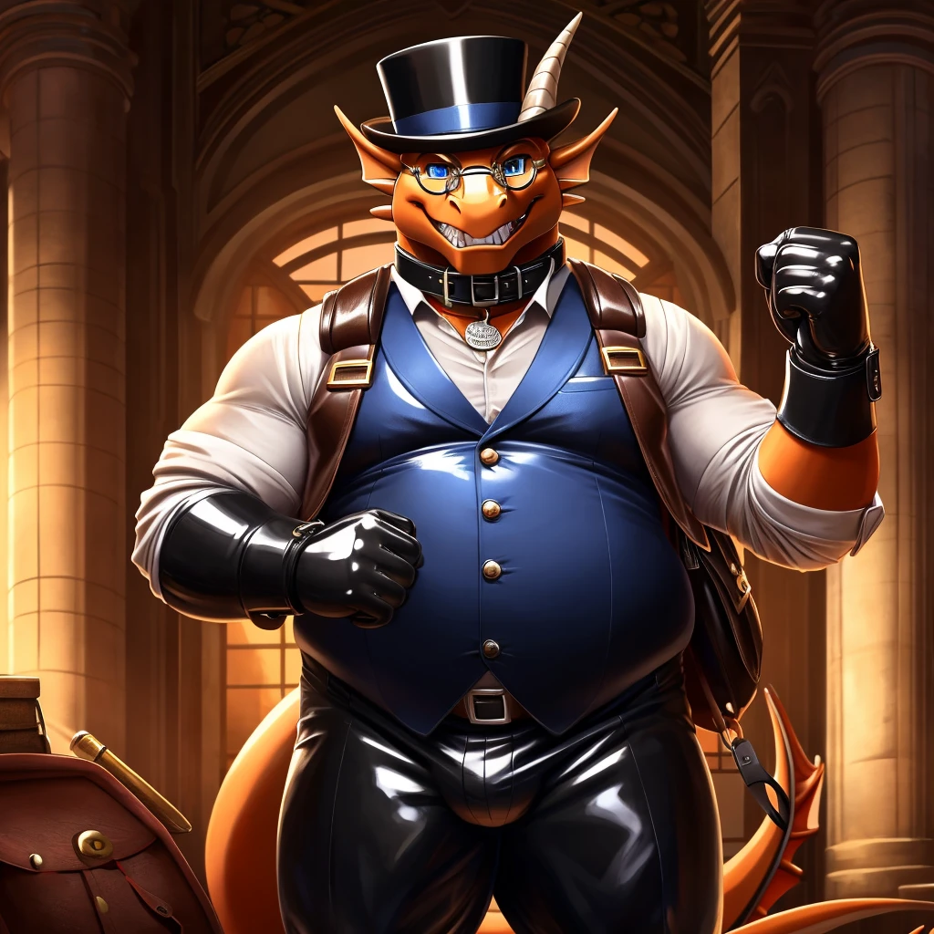 Solo, Male, fat, extremely obese, gentleman, dapper Professor Dragon, blue eyes, (posing:1.3), (soft shading), 4k, hi res, ((detailed face, detailed)), looking at viewer, evil grin, steampunk, collared shirt with buttons, top hat, male focus, Explorer Outfit, glasses, monocle, bag, vest with buttons, backpack, sleeves rolled up, round eyewear, brown headwear, brown vest, Dragon is wearing a glossy leather dog collar around the neck, Dragon is wearing the leather collar and shirt and vest at the same time, Dragon is wearing glossy white rubber gloves on the hands, wearing white rubber gloves on the feet, Dragon is wearing glossy white cuffs around the wrists with cufflinks, gloves are rubber in texture, clenching teeth, clenching fists, leather collar is glossy and shiny with a lot of detail, Dragon is wearing gloves and cuffs and cufflinks at the same time, leather collar has a round dog-tag, leather collar is thick and detailed.