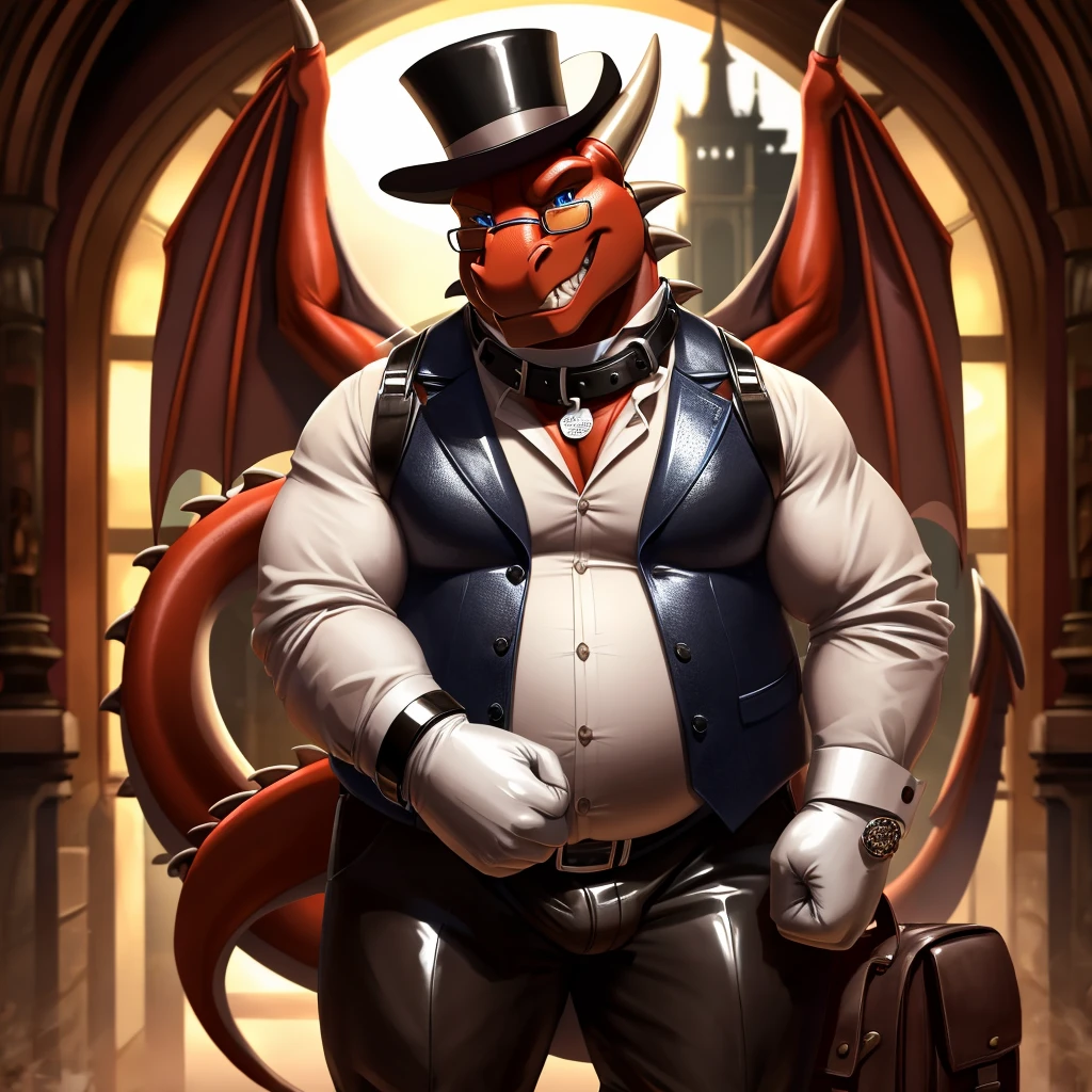Solo, Male, fat, extremely obese, gentleman, dapper Professor Dragon, blue eyes, (posing:1.3), (soft shading), 4k, hi res, ((detailed face, detailed)), looking at viewer, evil grin, steampunk, collared shirt with buttons, top hat, male focus, Explorer Outfit, glasses, monocle, bag, vest with buttons, backpack, sleeves rolled up, round eyewear, brown headwear, brown vest, Dragon is wearing a glossy leather dog collar around the neck, Dragon is wearing the leather collar and shirt and vest at the same time, Dragon is wearing glossy white rubber gloves on the hands, wearing white rubber gloves on the feet, Dragon is wearing glossy white cuffs around the wrists with cufflinks, gloves are rubber in texture, clenching teeth, clenching fists, leather collar is glossy and shiny with a lot of detail, Dragon is wearing gloves and cuffs and cufflinks at the same time, leather collar has a round dog-tag, leather collar is thick and detailed.