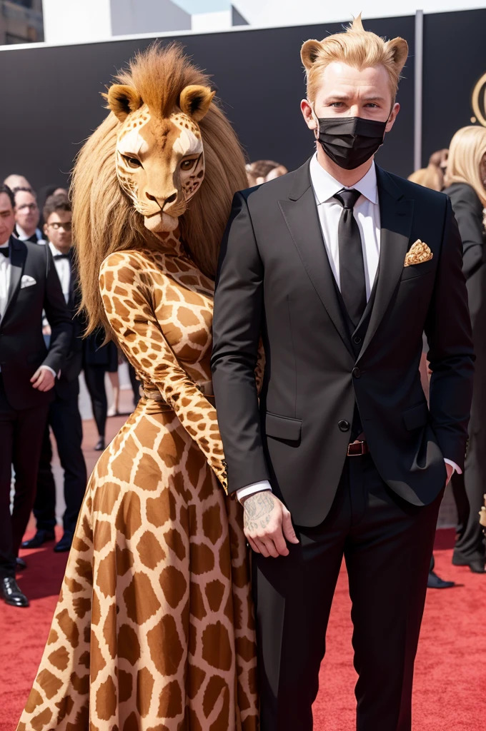 Make an image of a woman dressed as a giraffe with a giraffe mask on the red carpet next to her there is a man in a suit with a lion mask and a lion's face
