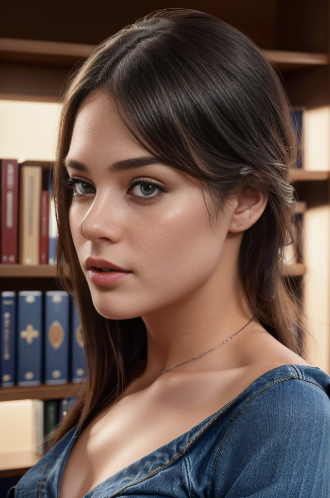beautiful detailed eyes, beautiful detailed lips, extremely detailed eyes and face, long eyelashes, 1 girl, college student, topless, in college library, blue jeans, (best quality,4k,8k,highres,masterpiece:1.2),ultra-detailed,(realistic,photorealistic,photo-realistic:1.37), warm lighting, natural light, cinematic, dramatic, portraiture, high contrast