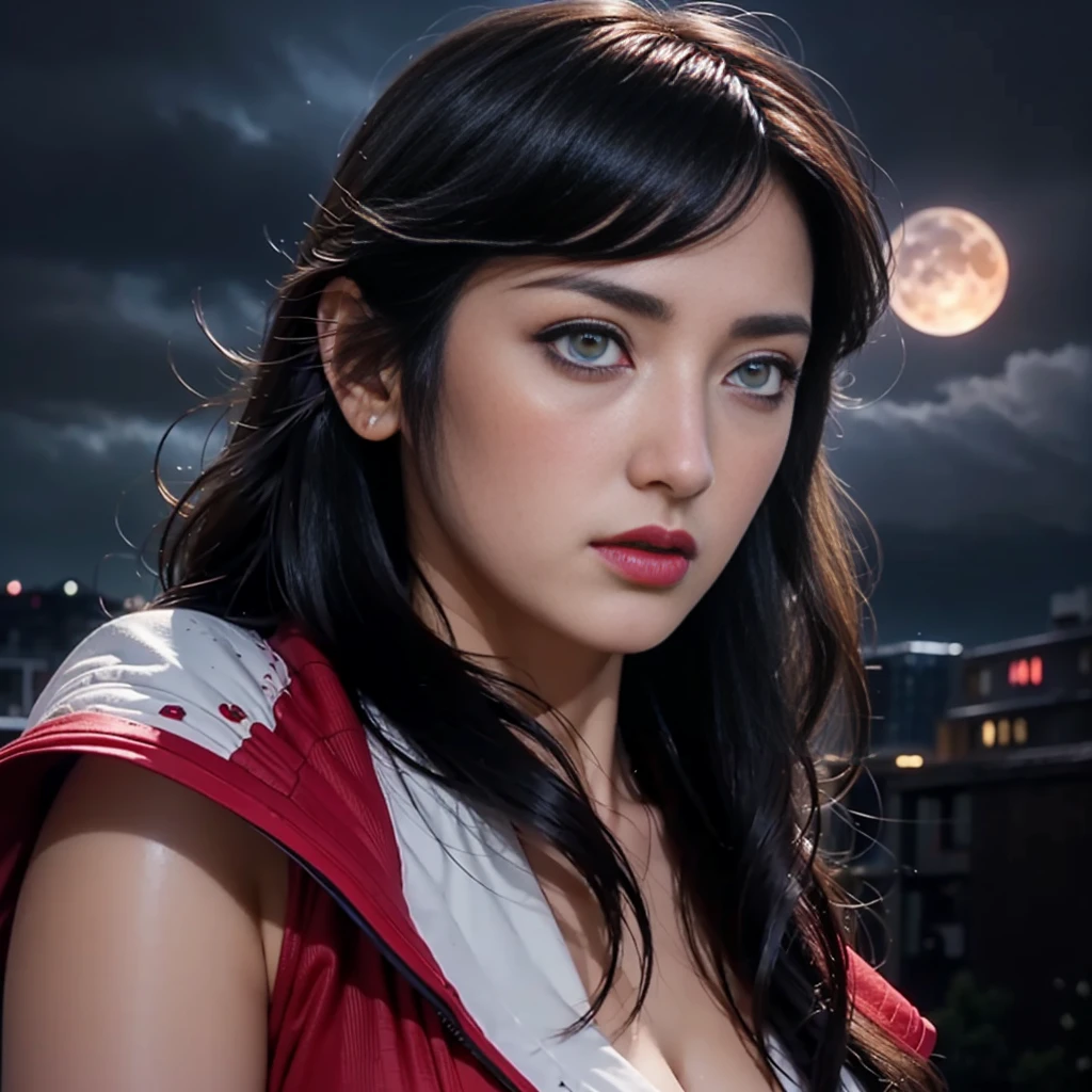 masterpiece, best quality,, sexy women, (colorful),(finely detailed beautiful eyes and detailed face),cinematic lighting,bust shot,extremely detailed CG unity 8k wallpaper,wavy hair,solo,angry face,red dress,((flying petal)), sky, cloudy_sky, building, moonlight, moon, night, (dark theme:1.3), light, fantasy,